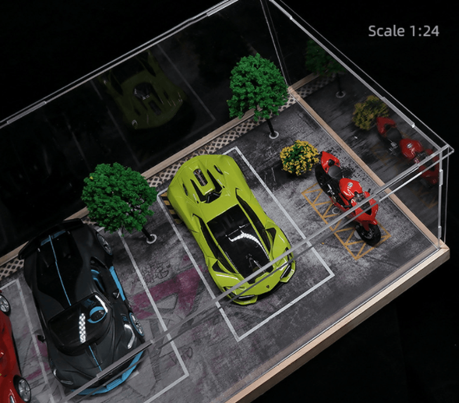 Simulation Car Garage Model Acrylic Display Box Dust Box Solid Wood Parking Lot Model Scene Decoration