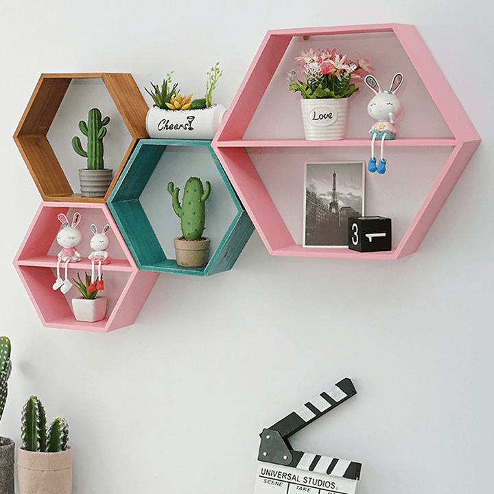 Hexagon Wall Mounted Shelf Rack Decorative Frame Wall Punch-Free Bookshelf Decorations Display Stand Organizer for Office Home Living Room Bathroom