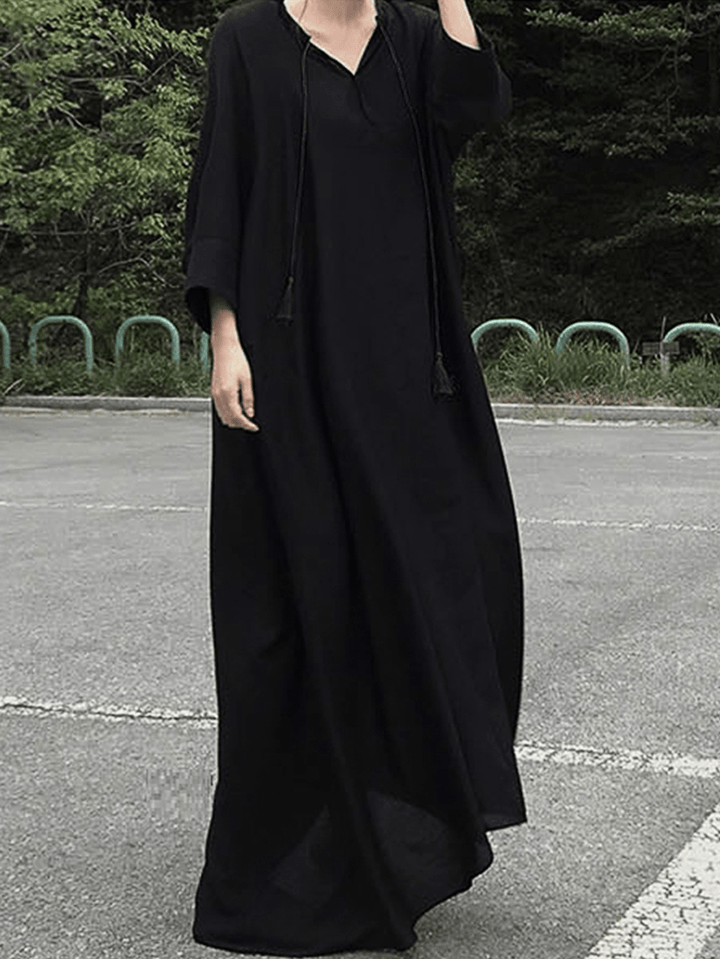 Women Casual V Neck 3/4 Seeve Solid Cotton Maxi Dress