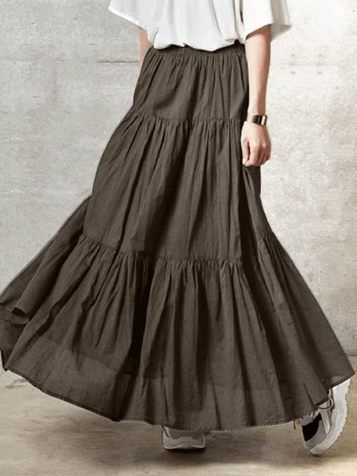 Solid Color Big Swing Elastic Waist Pleated Casual Long Skirt for Women