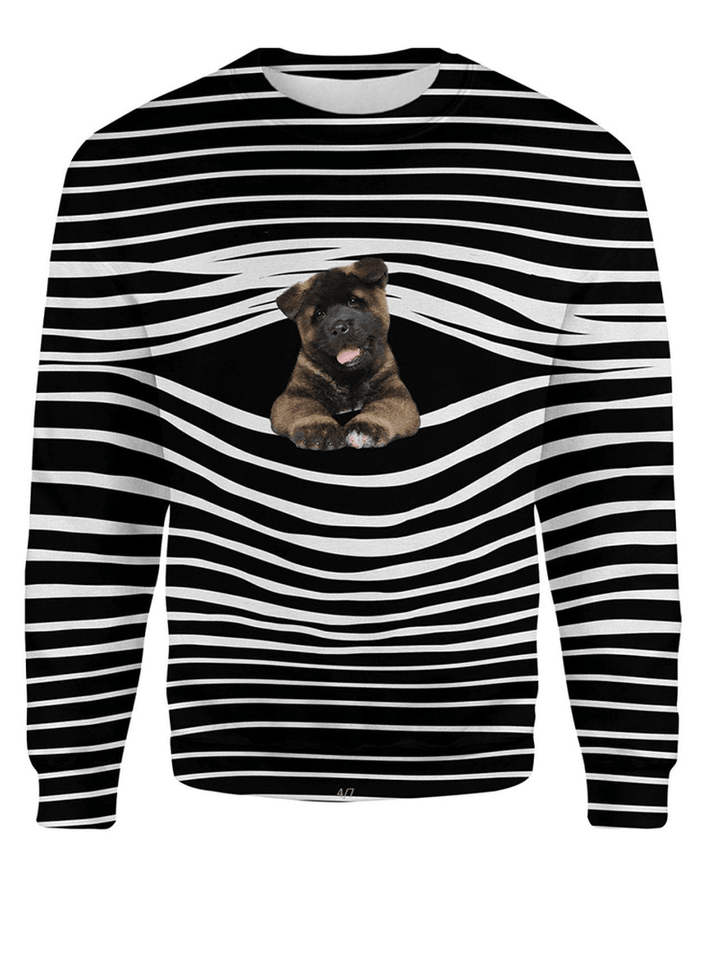 Women Stripe 3D Dog Print Pullover O-Neck Long Sleeve Casual Sweatshirts - MRSLM