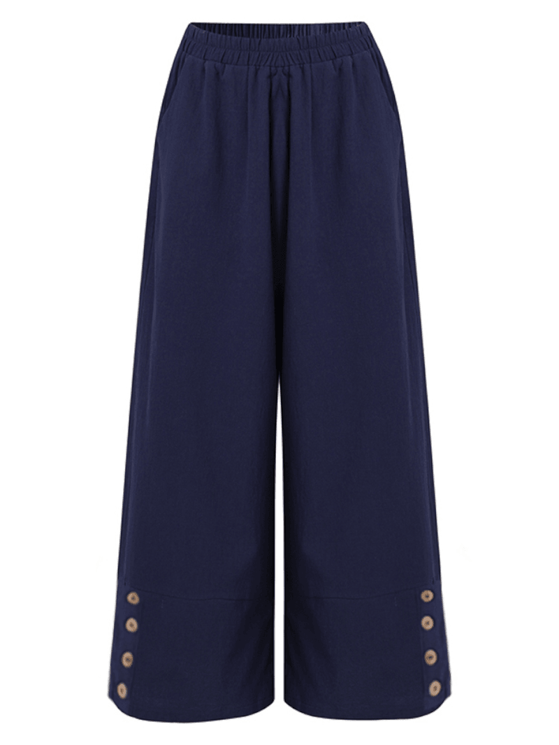 Casual Solid High Elastic Waist Button Wide Leg Pants for Women