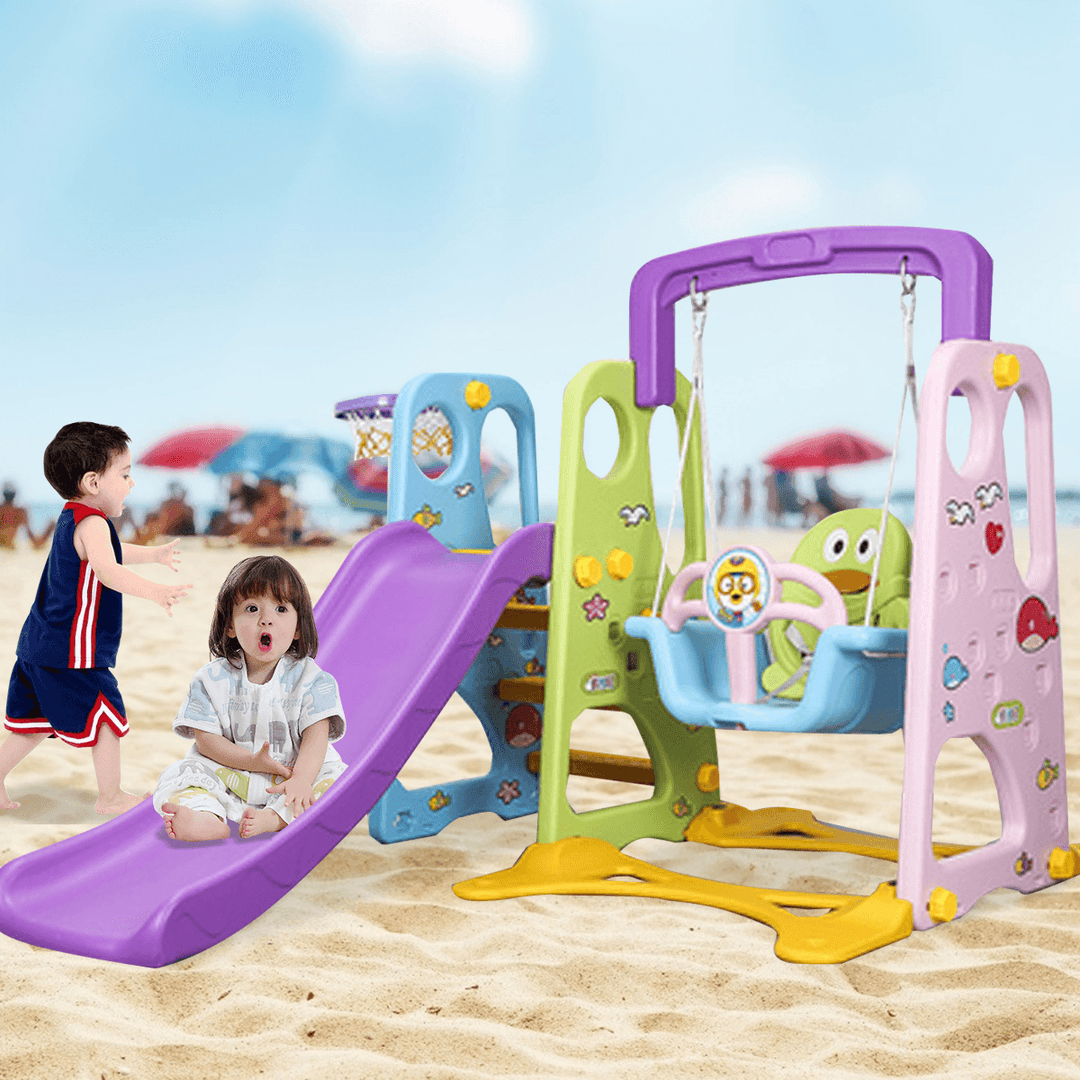 3 in 1 Kids Indoor Outdoor Play Slide Swing with Safety Backrest Basketball Hoop Ladder Climber Set Toys for Children Kids