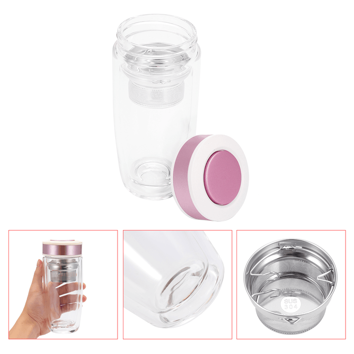 380ML Double Wall Glass Tea Tumbler Water Bottle with Filter Infuser Travel Mug