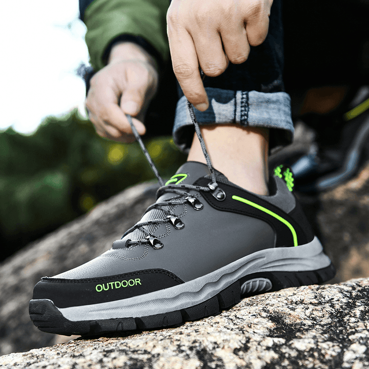 Men Leather Lace-Up Low-Top Soft Sole Comfy Non Slip Outdoor Climbing Casual Sport Hiking Shoes