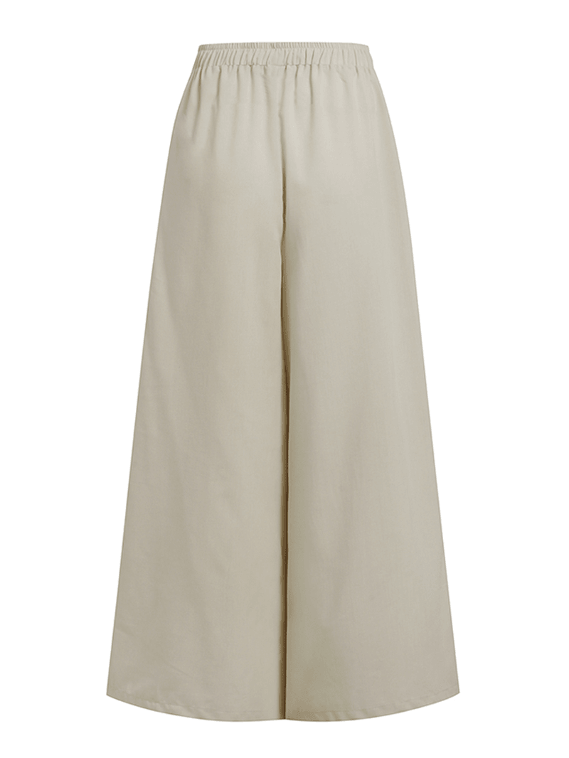 Women 100% Cotton Solid Color High Drawstring Waist Plain Casual Wide Leg Pants