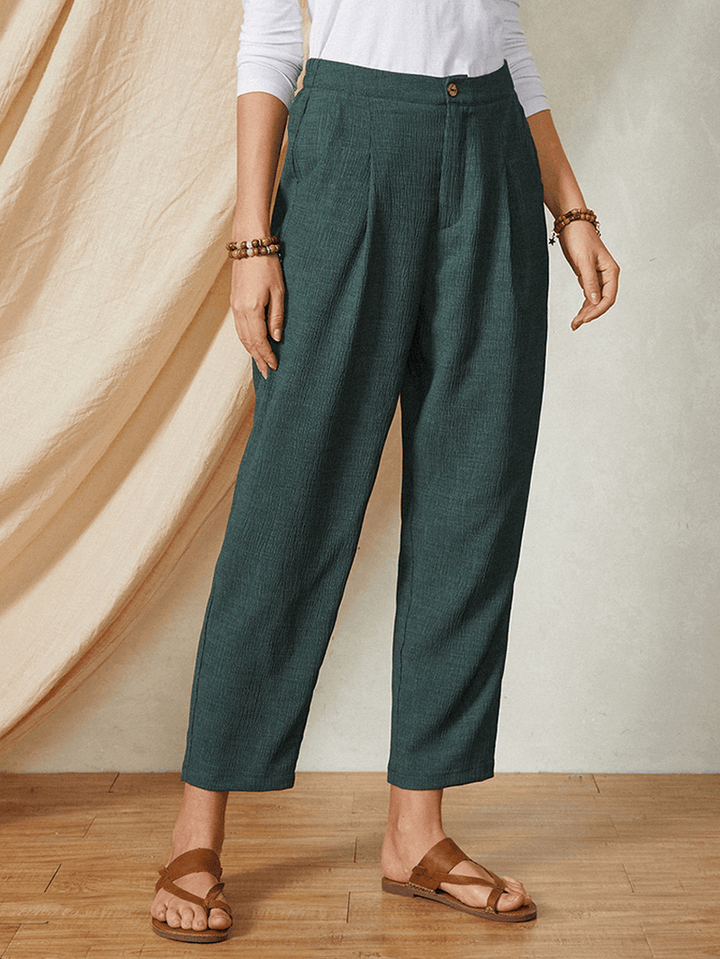 Pure Color Elastic Waist Button Pocket Harem Pants Women Casual Bottoms