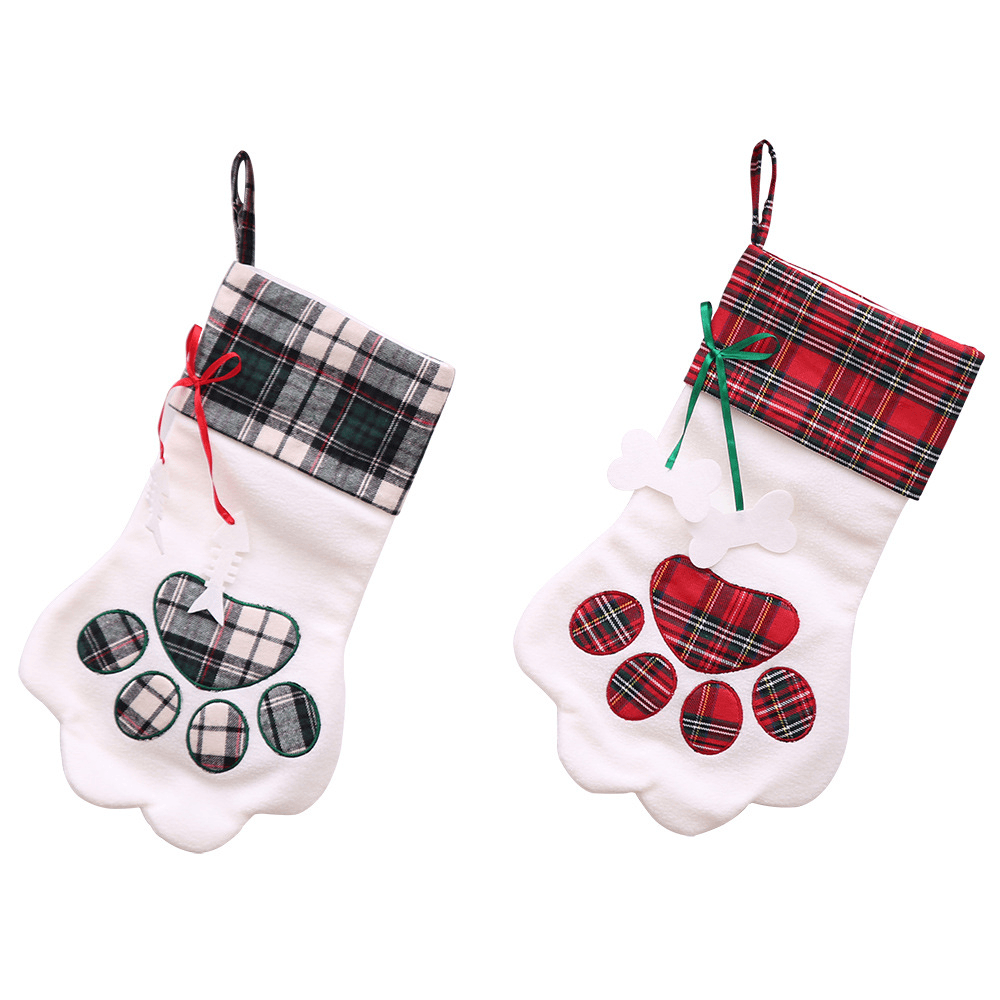 Christmas Socks Red Blue Plaid Dogs Paw Stockings Sacks Hanging New Year Kids Gifts Christmas Party Decorations