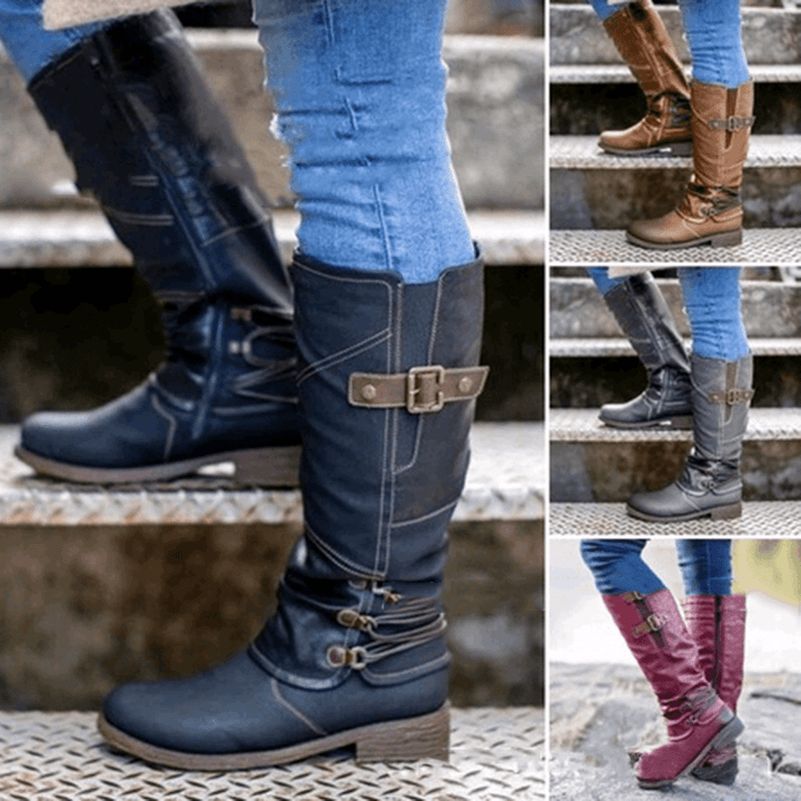 Women Metal Buckle Decor Slip on Mid Calf Riding Boots