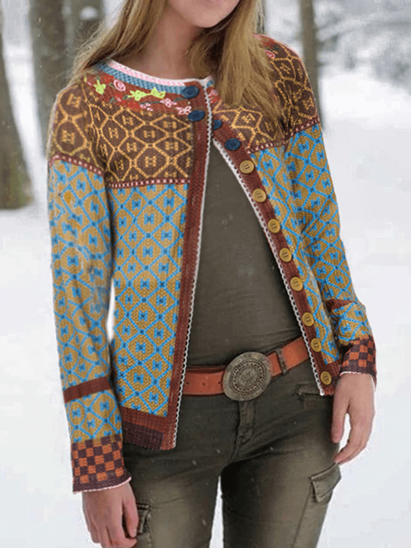 Ethnic Print Patchwork Long Sleeve Cardigans for Women - MRSLM