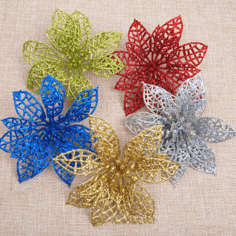 10Pcs Christmas Glitter Hollow Flower Decoration Flowers for Christmas Trees New Year Decorations Wedding Party Decor