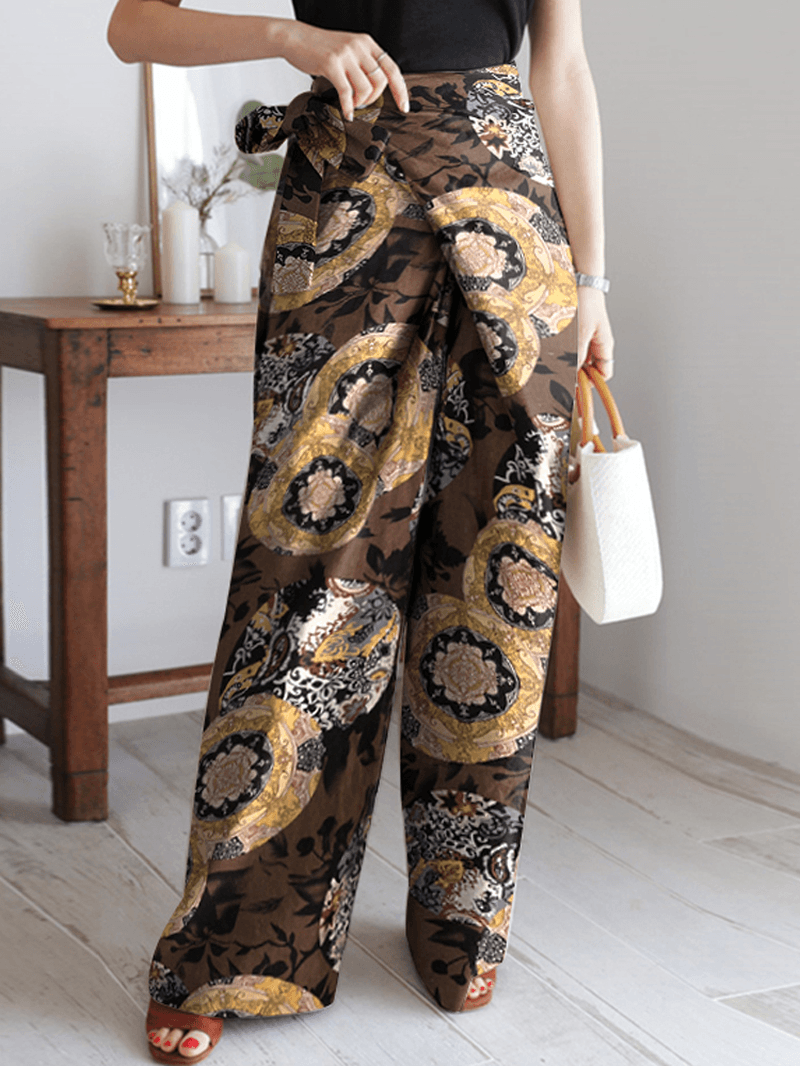 Women Ethnic Style Print Asymmetric Tie Waist Casual Wide Leg Pants