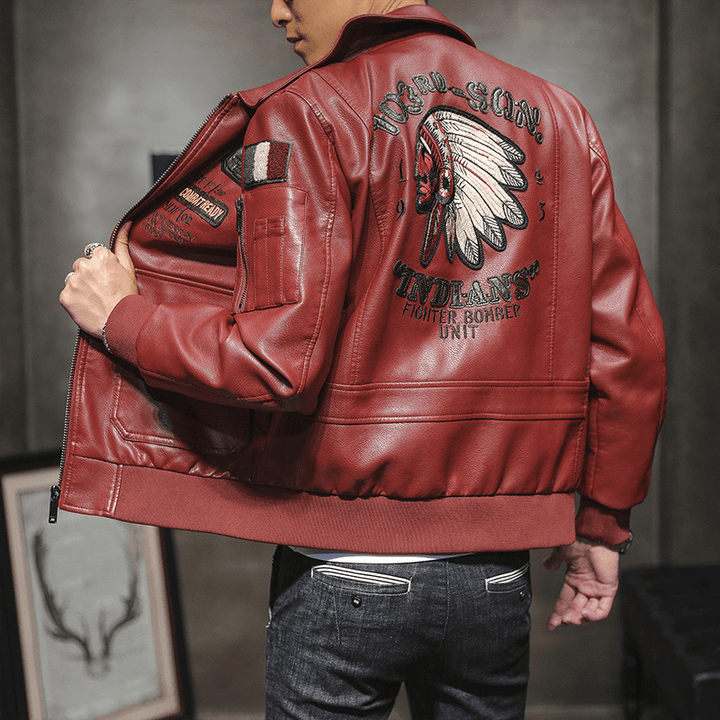 Men'S Pu Leather Jacket Men'S Lapel Embroidery Motorcycle Jacket