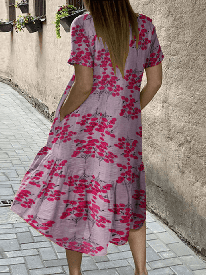 Women Flower Print High Low Hem Casual Short Sleeve Midi Dresses with Pocket