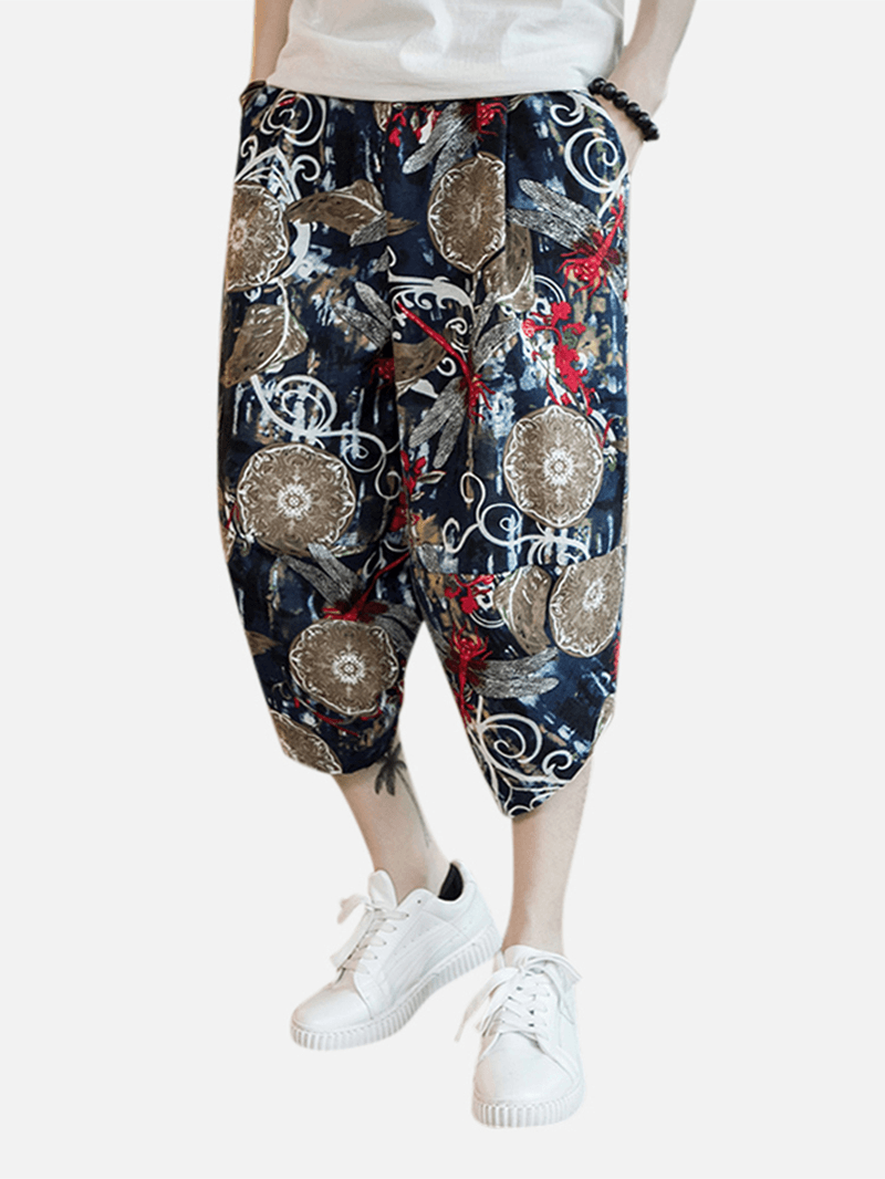 Mens Summer Chinese Style Linen Printing Calf Pants