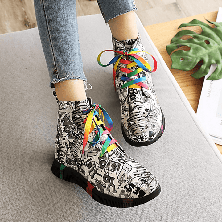 Women Casual Letter Graffiti Printing Multicolor Lace up Short Combat Boots