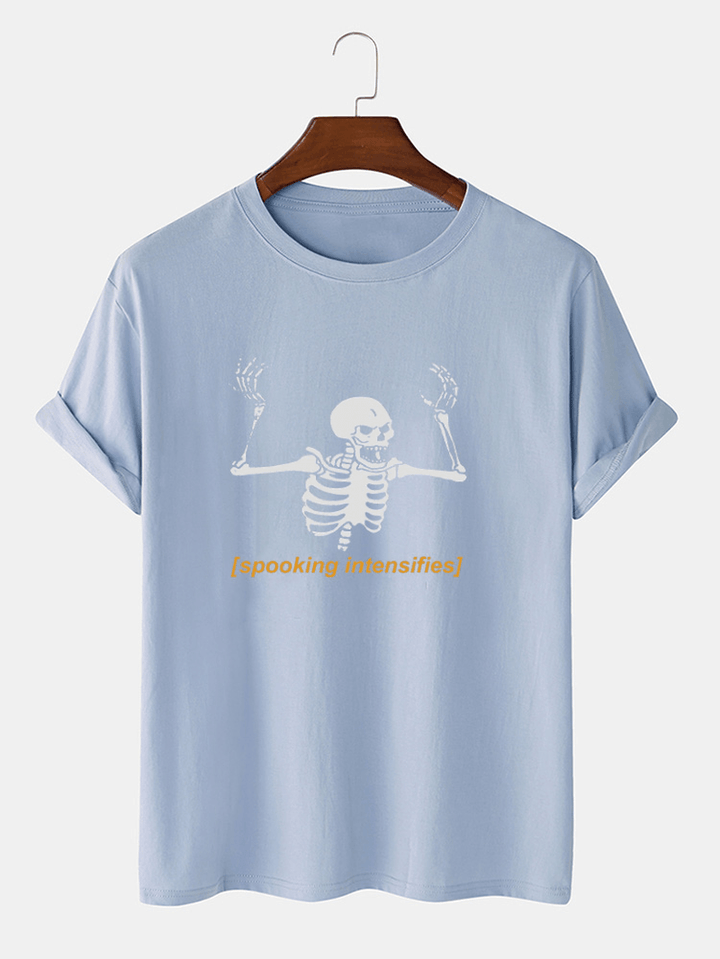 Mens 100% Cotton Halloween Skeleton Letter Print Short Sleeve T-Shirts