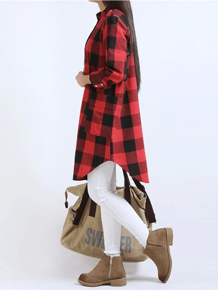 Women Casual Long Sleeve Plaid Loose Pocket Button Long Blouses