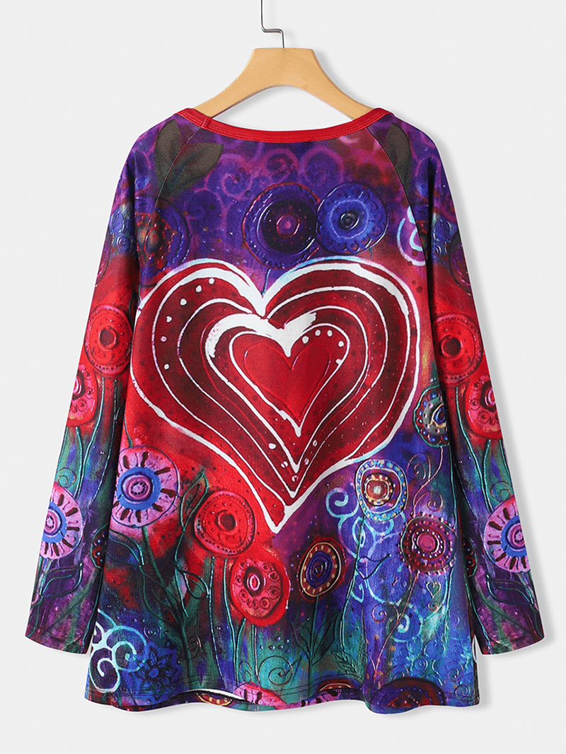 Women Graffiti Heart Floral Print round Neck Casual Long Sleeve T-Shirt