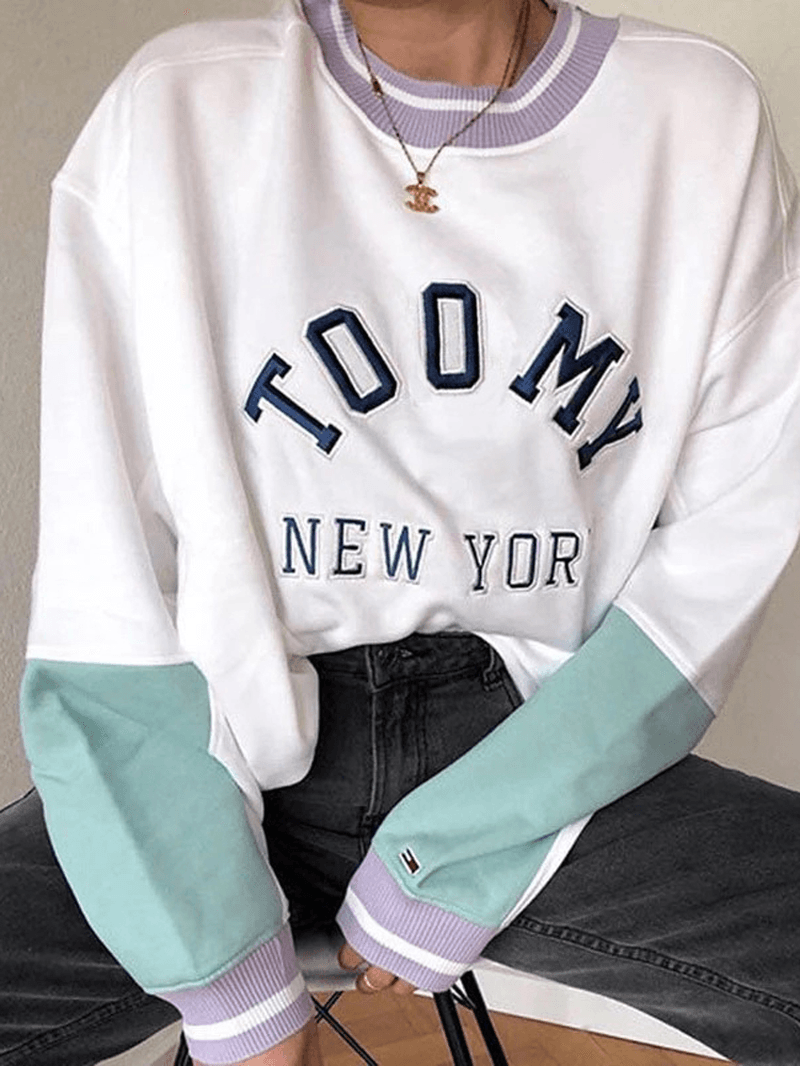 Women Cotton Letter Print Patchwork Color Block Long Sleeve Casual Sweatshirt - MRSLM