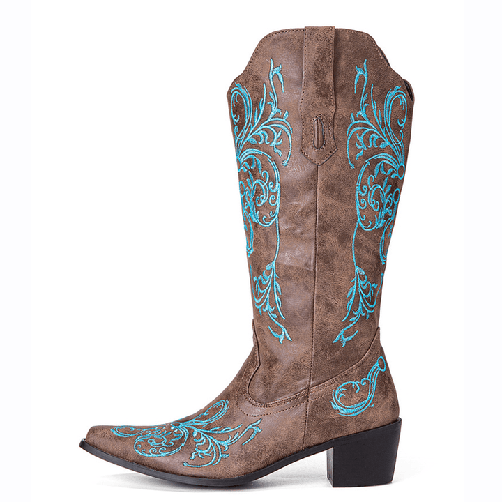 Women Floral Retro Embroidery Leather V-Cut Pointy-Toe Chunky Heel Mid-Calf Knight Boots