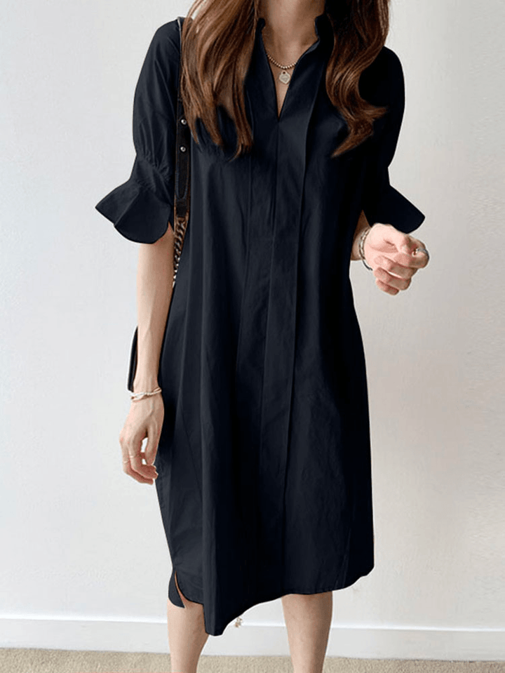 Casual Plain Lapel Button Half Sleeve Side Pocket Shirt Dress