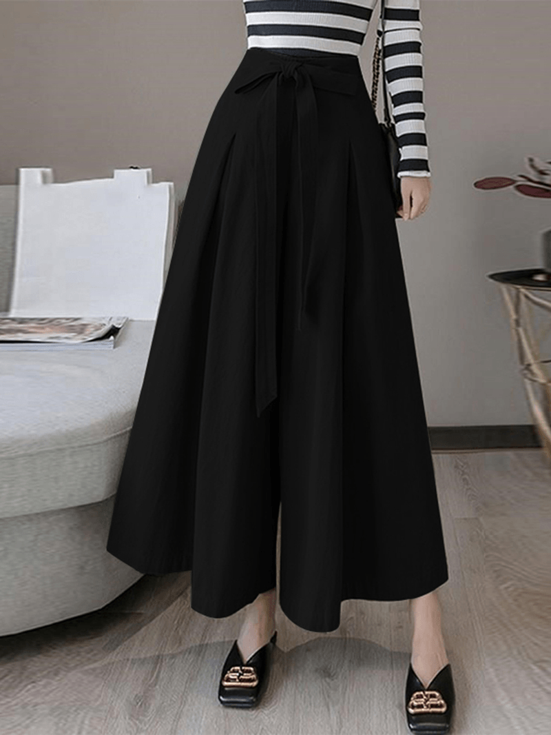 Women Solid Color Tie Front Casual Wide Leg Pants with Pocket - MRSLM