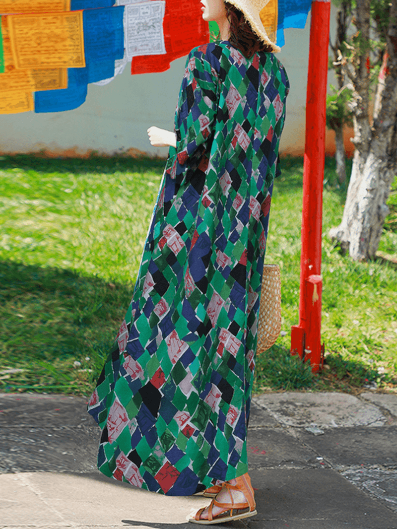 Vintage Geometry Print O-Neck Half Sleeve Bohemia Maxi Dress