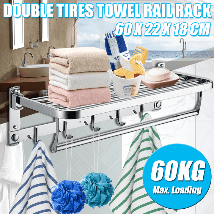 Bakeey 304 Stainless Steel Double Towel Rail Rack Shelf Wall Mounted Bathroom with 5 Hook