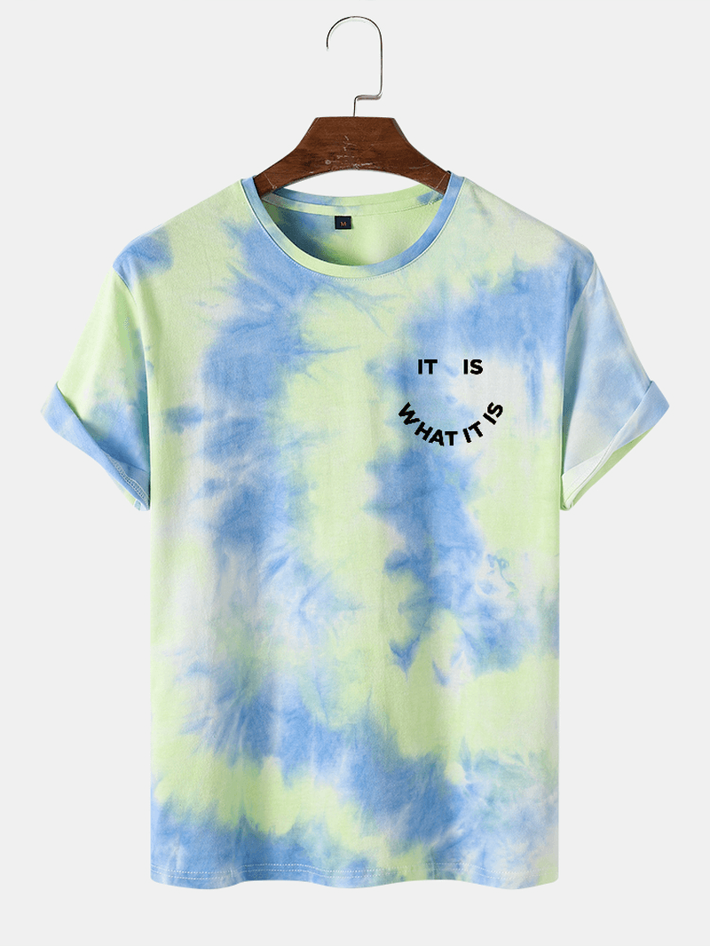 Mens Smile Letter Print Tie Dye Crew Neck Street T-Shirts