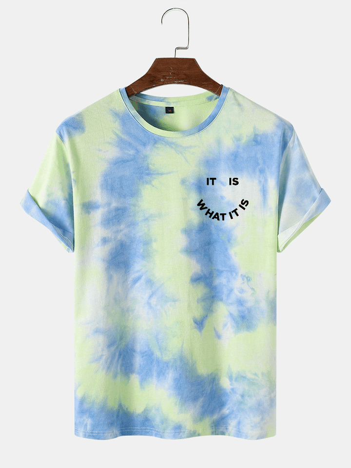 Mens Smile Letter Print Tie Dye Crew Neck Street T-Shirts