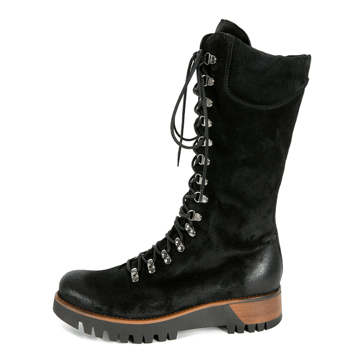 Plus Size Women Wearable Suede Side Zipper Mid Calf Combat Boots - MRSLM