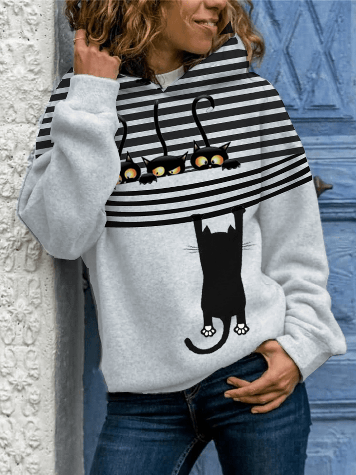 Women Cartoon Cat Stripe Print Daily Casual Long Sleeve Hoodies