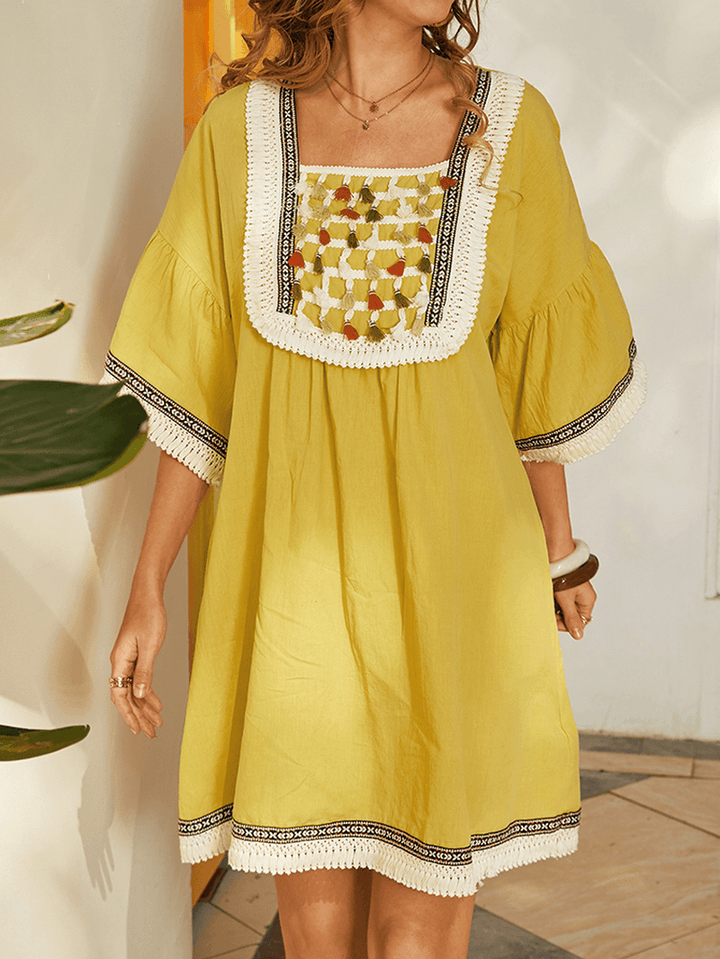 Women Bohemia Tassel Design Square Collar Midi Dress with Pocket