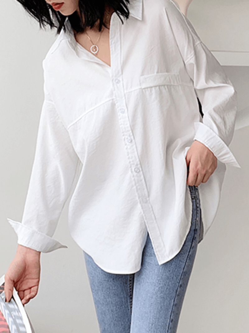 Solid Color Lapel Long Sleeve Plain Daily Casual Shirts for Women