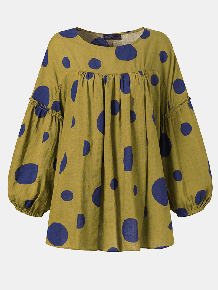 Women Vintage Polka Dot Print Puff Sleeve Loose Pleated Blouse