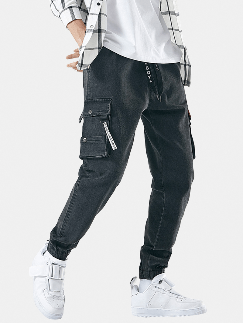 Mens Cotton Cargo Style Drawstring Elastic Ankle Denim Pants with Multi Pockets