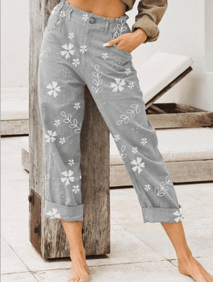 Casual Flowers Print Loose Pocket Long Pants for Women