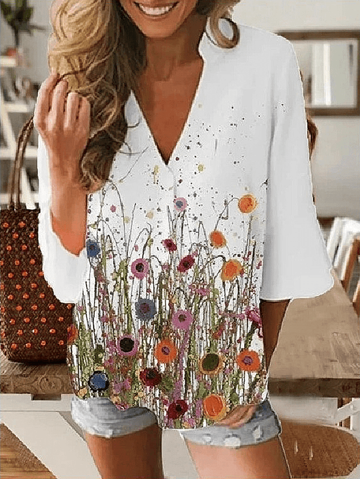 Casual Women Floral Print V-Neck White 3/4 Sleeve Blouses