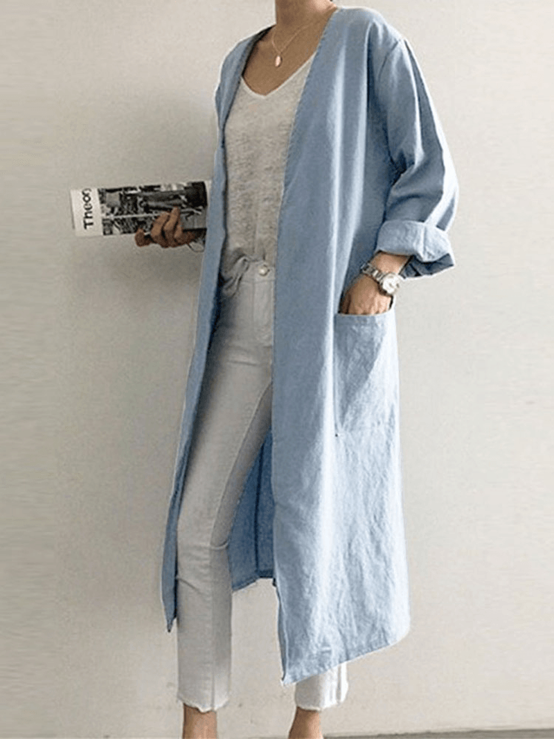 Retro Women Solid Color Casual Cotton Long Cardigans with Pockets