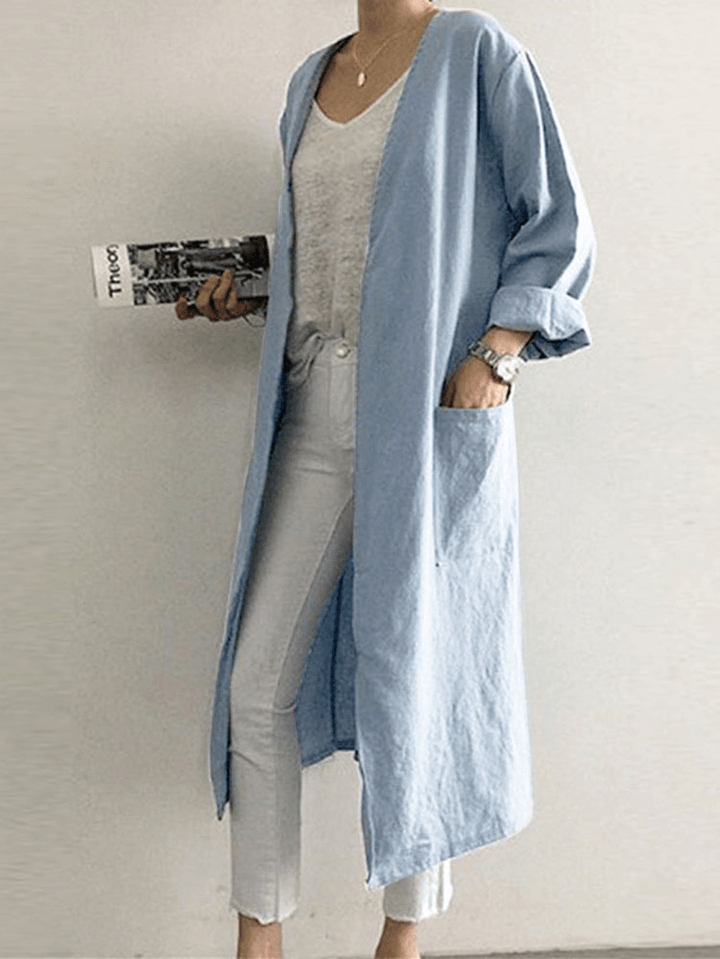 Retro Women Solid Color Casual Cotton Long Cardigans with Pockets