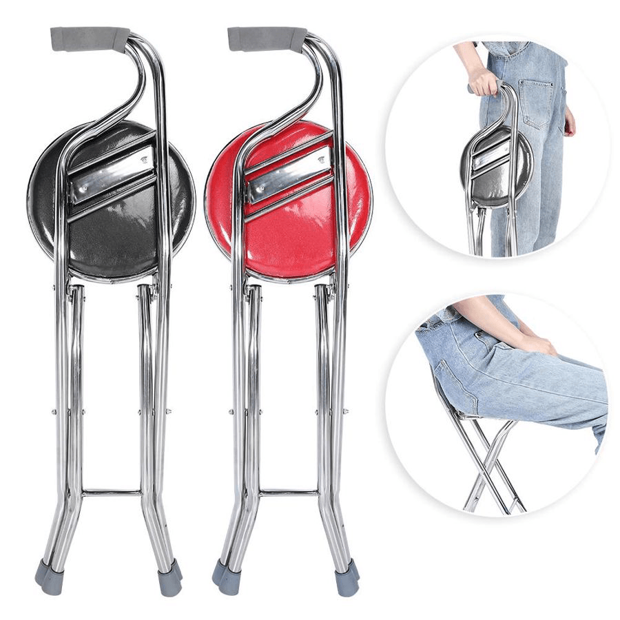 Multipurpose 2 in 1 Ergonomic Design Folding Walking Stick Stool Stainless Steel Walking Chair for the Elderly