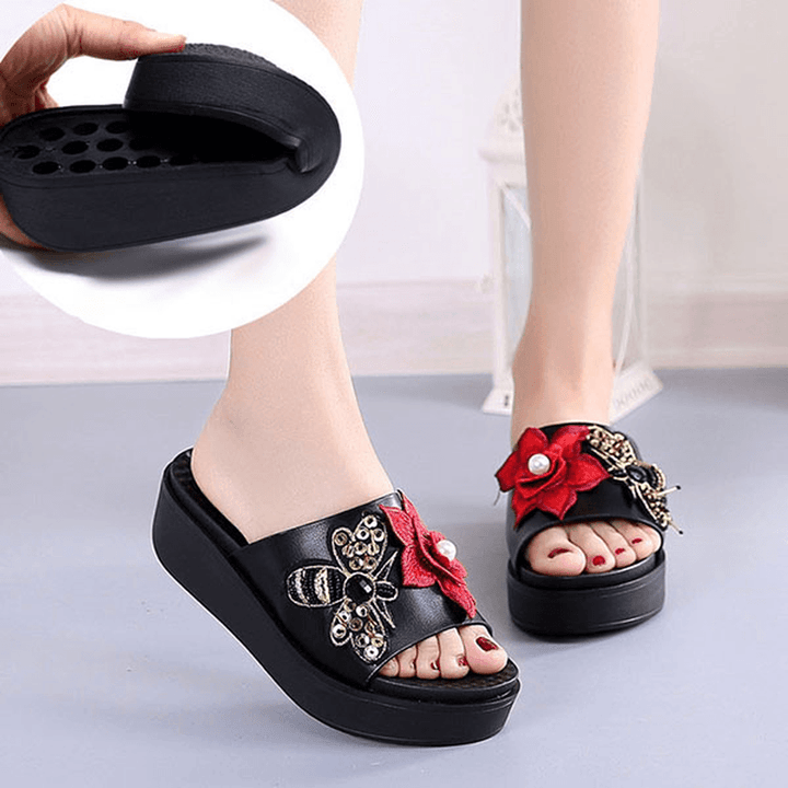 Women Summer Sandals Slip on Soft Sole Flower Embroidery Slippers