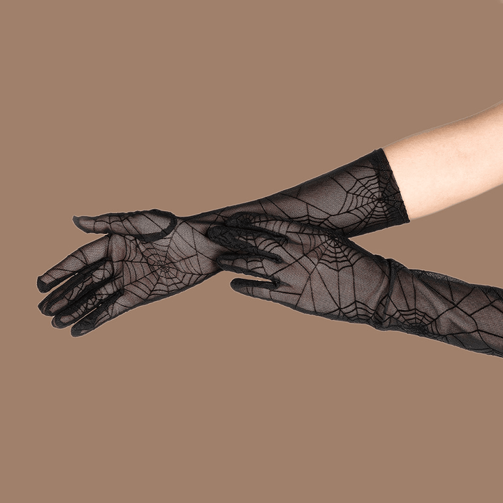 Women Solid Spider Web Pattern Lace Gloves Summer Sunshade Long Full Finger Split Finger Gloves