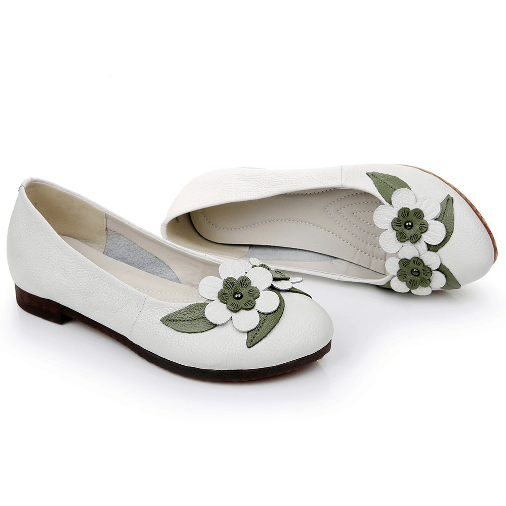 Women Flowers Decor Comfy Sole Soft Leather Loafers