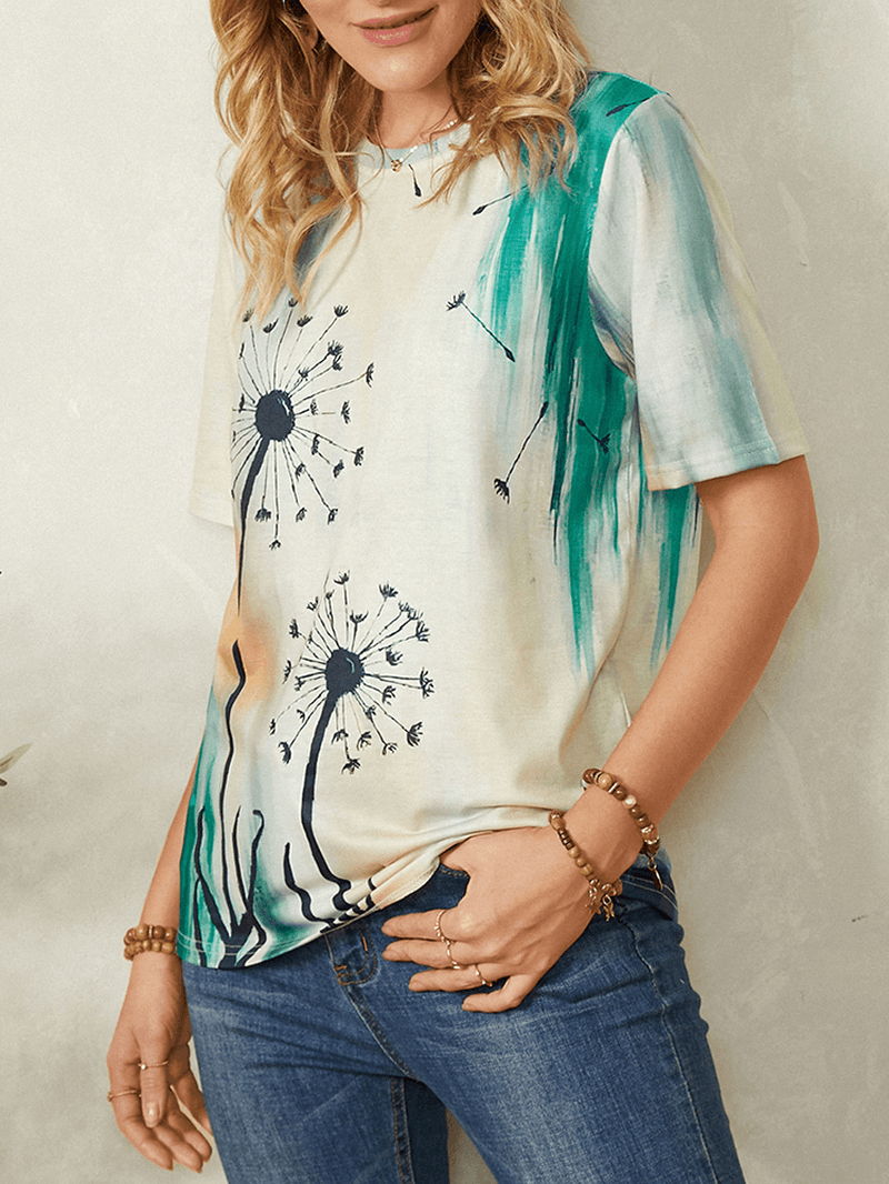 Women Plant Ombre Print round Neck Casual Short Sleeve T-Shirts