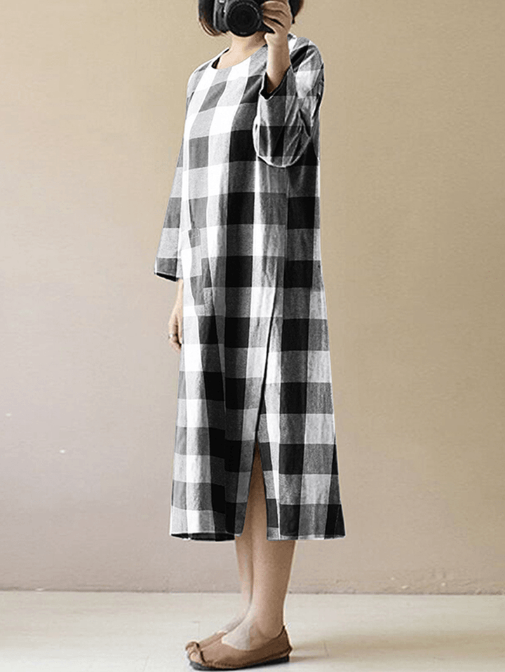 Women Vintage Plaid O-Neck Long Sleeve Splited Midi Dress