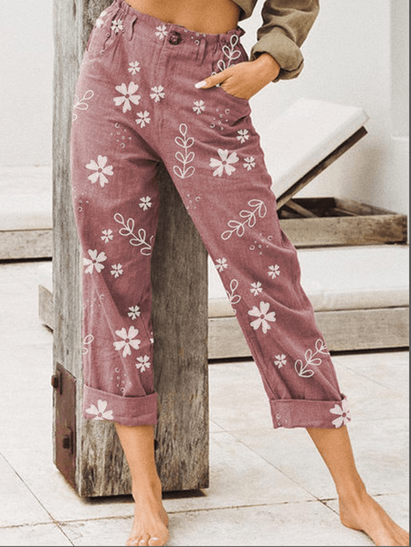 Casual Flowers Print Loose Pocket Long Pants for Women - MRSLM