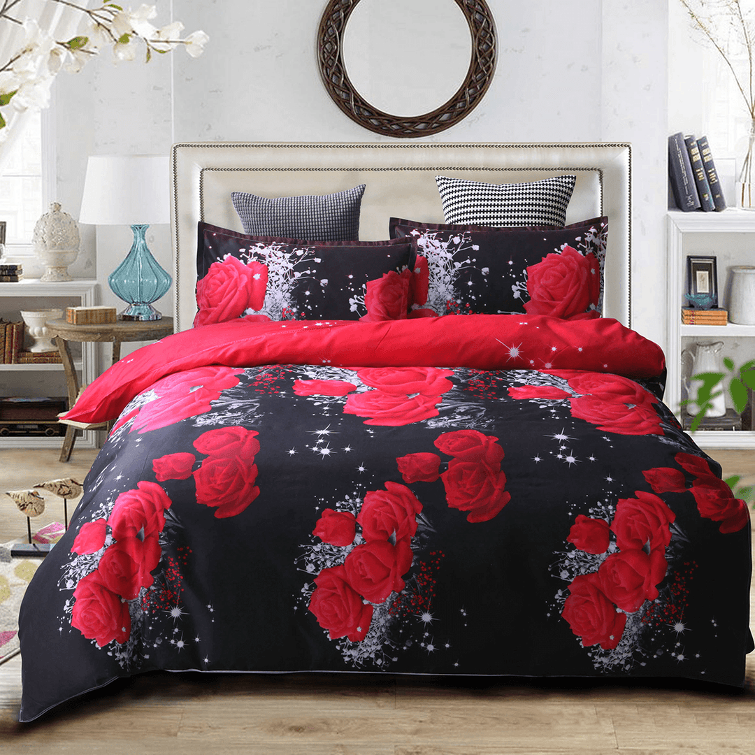 3 PCS Bedding Sets 3D Floral Rose Printing Quilt Cover Pillowcase for Full Size