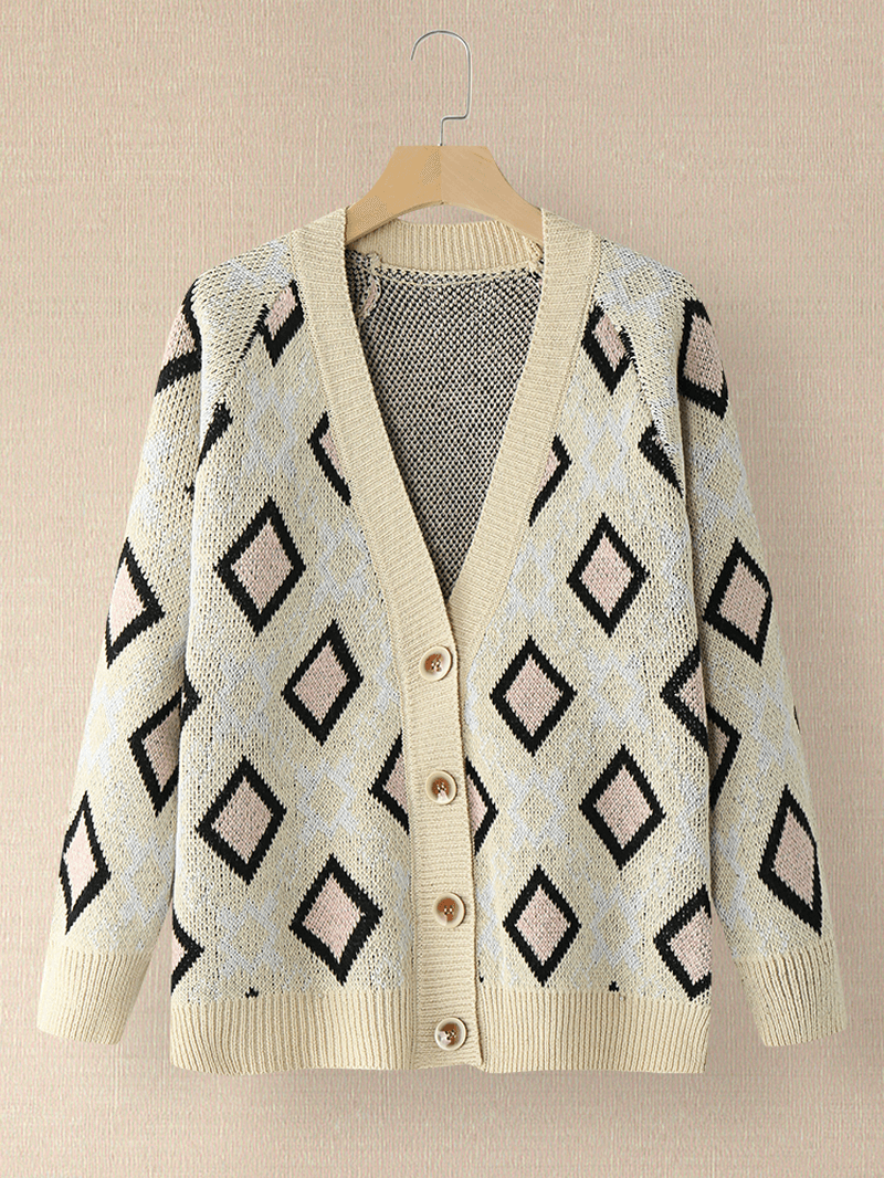 Women Argyle Pattern Geometric Knitted Casual Animated Button Cardigan - MRSLM